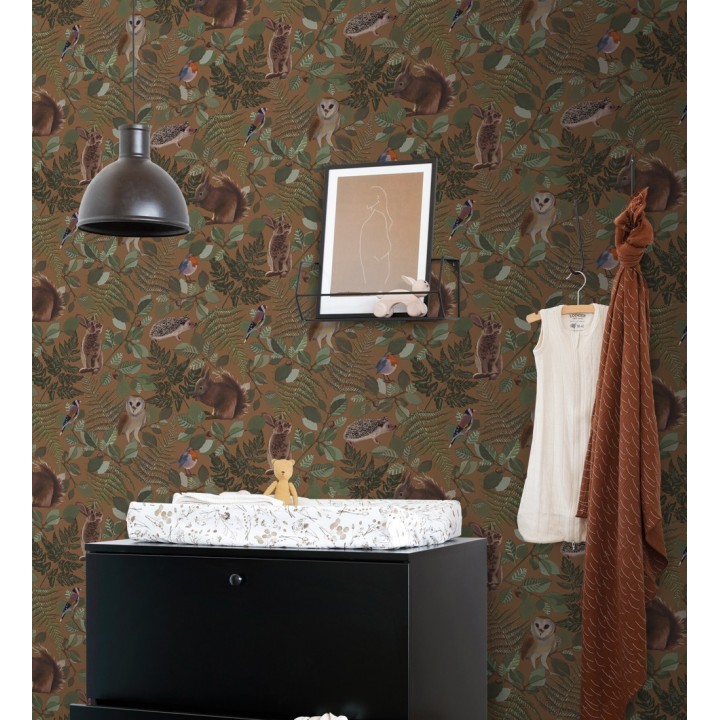 Papel pintado de animales del bosque y hojas estilo naturaleza - Maison Owls 681774