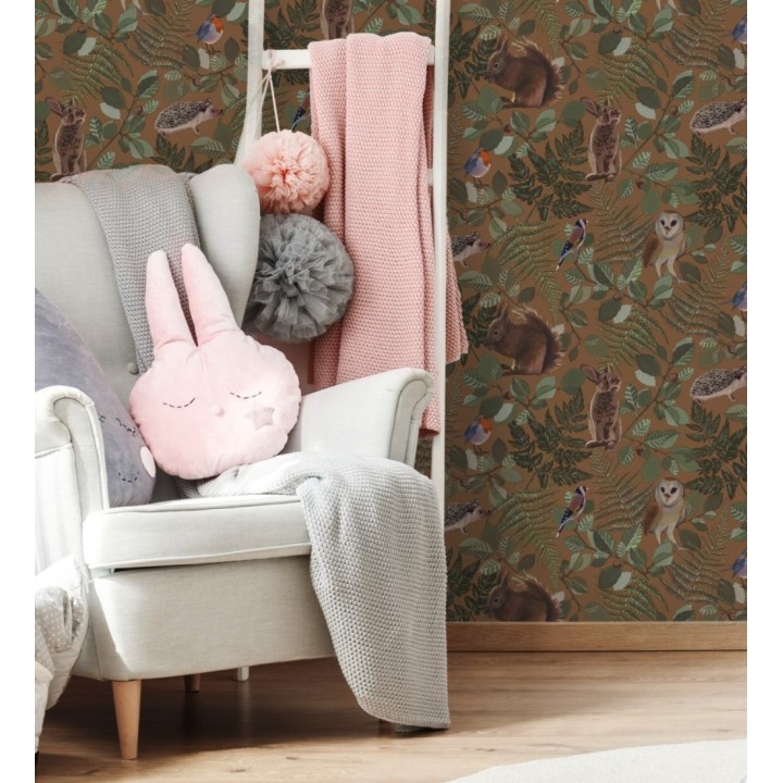 Papel pintado de animales del bosque y hojas estilo naturaleza - Maison Owls 681774