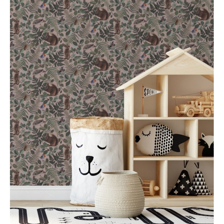 Papel pintado de animales del bosque y hojas estilo naturaleza - Maison Owls 681775