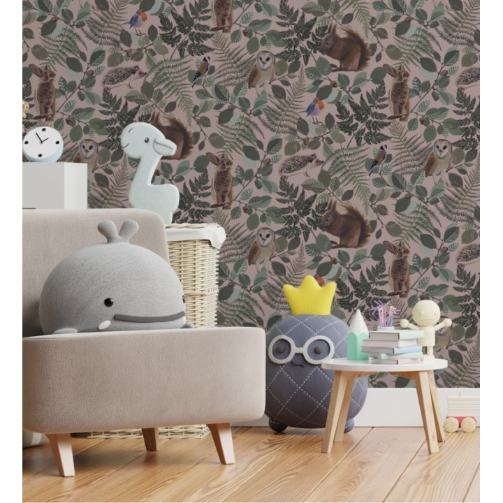 Papel pintado de animales del bosque y hojas estilo naturaleza - Maison Owls 681775
