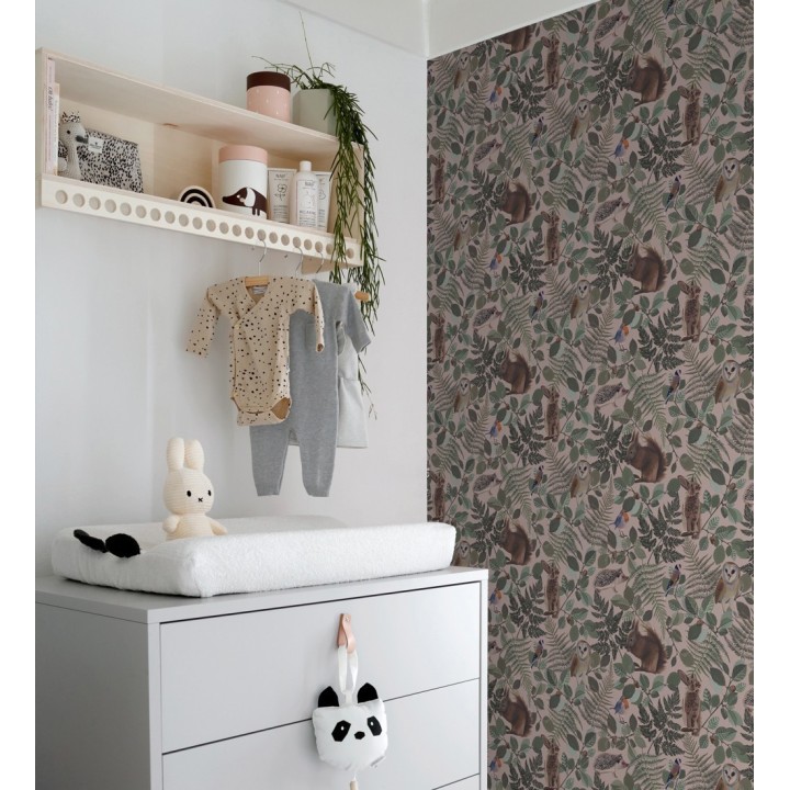 Papel pintado de animales del bosque y hojas estilo naturaleza - Maison Owls 681775