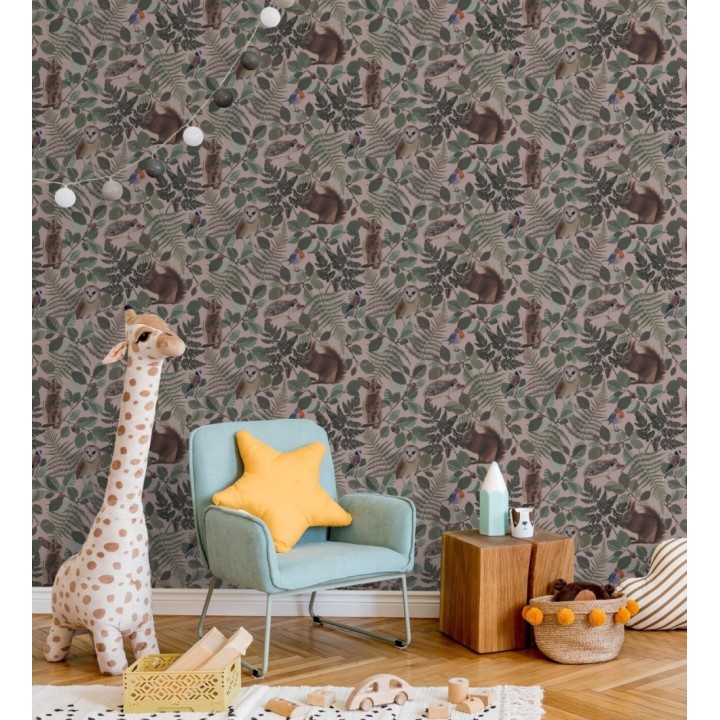 Papel pintado de animales del bosque y hojas estilo naturaleza - Maison Owls 681775