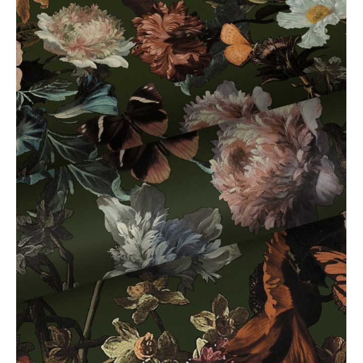Papel pintado artístico de flores fondo verde oscuro estilo renacentista - Oberyn Flowers 681789