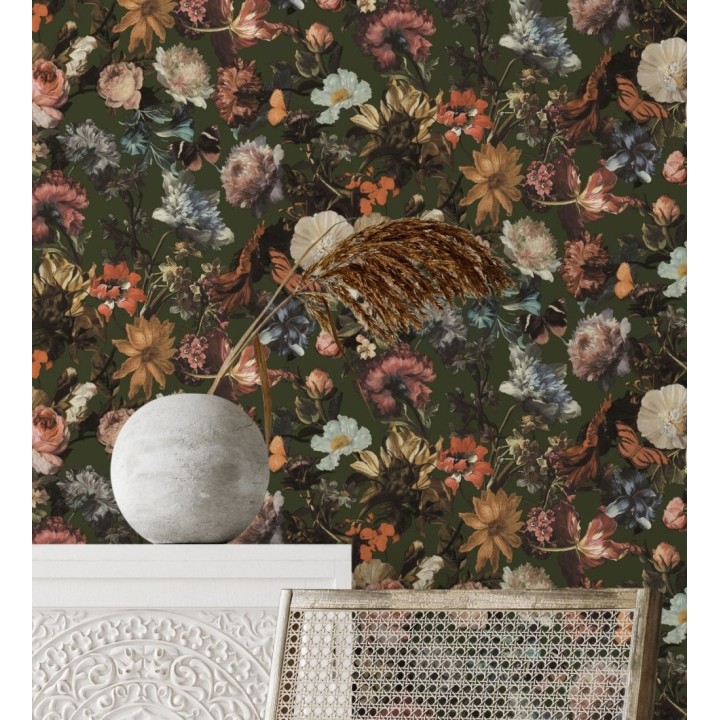 Papel pintado artístico de flores fondo verde oscuro estilo renacentista - Oberyn Flowers 681789