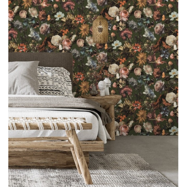 Papel pintado artístico de flores fondo verde oscuro estilo renacentista - Oberyn Flowers 681789