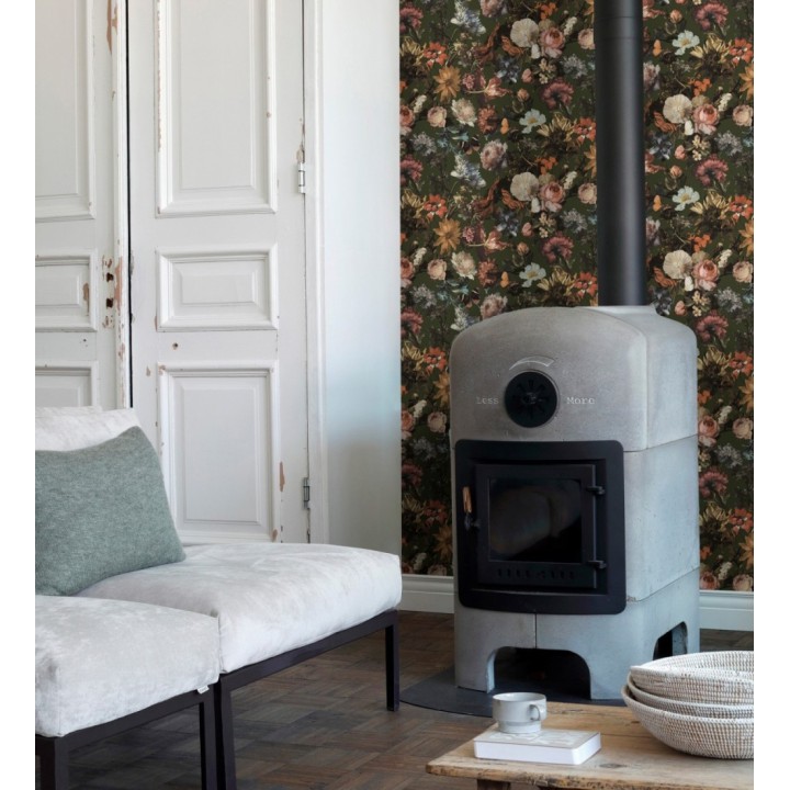 Papel pintado artístico de flores fondo verde oscuro estilo renacentista - Oberyn Flowers 681789