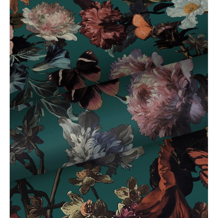Papel pintado artístico de flores fondo turquesa estilo renacentista - Oberyn Flowers 681790