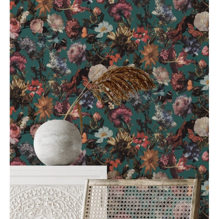 Papel pintado artístico de flores fondo turquesa estilo renacentista - Oberyn Flowers 681790