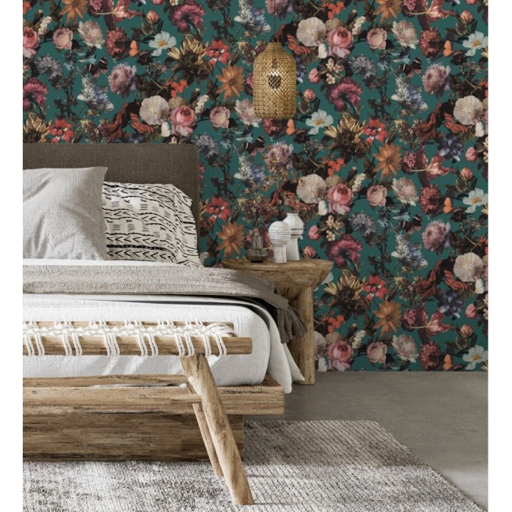 Papel pintado artístico de flores fondo turquesa estilo renacentista - Oberyn Flowers 681790