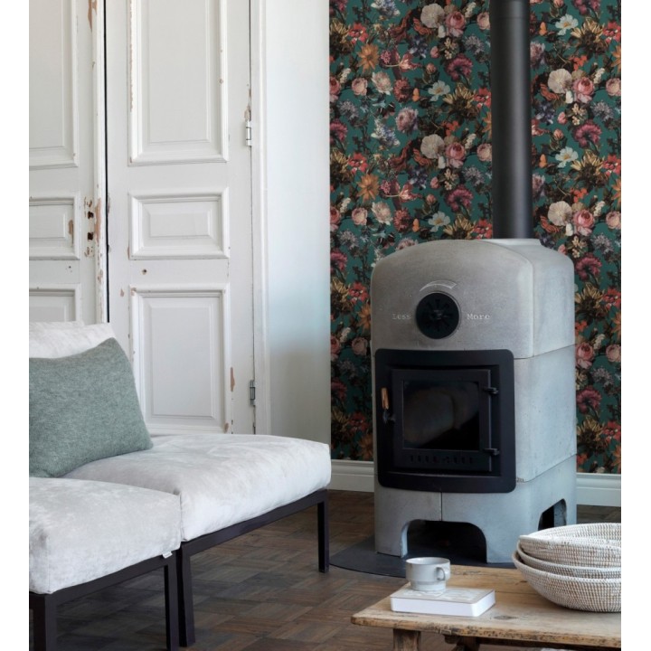 Papel pintado artístico de flores fondo turquesa estilo renacentista - Oberyn Flowers 681790