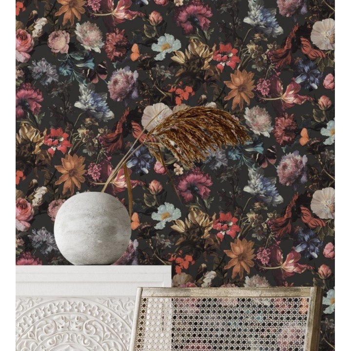 Papel pintado artístico de flores fondo oscuro estilo renacentista - Oberyn Flowers 681791