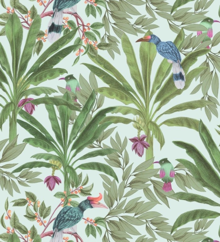 Papel pintado de aves exóticas y hojas de palma estilo tropical - Suky Tropical 681792