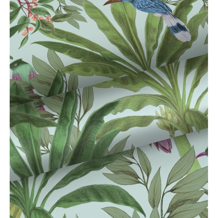 Papel pintado de aves exóticas y hojas de palma estilo tropical - Suky Tropical 681792