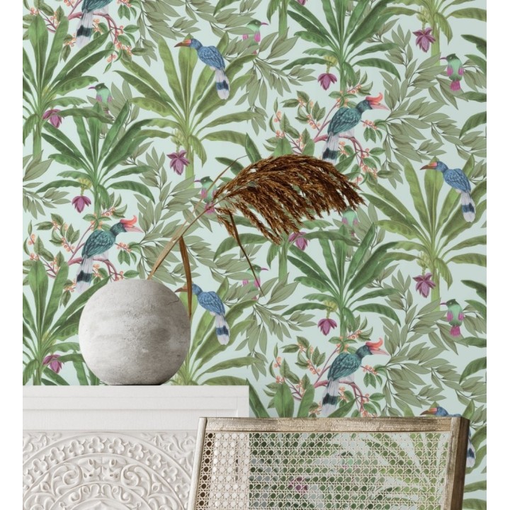 Papel pintado de aves exóticas y hojas de palma estilo tropical - Suky Tropical 681792