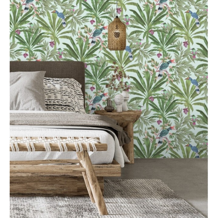 Papel pintado de aves exóticas y hojas de palma estilo tropical - Suky Tropical 681792