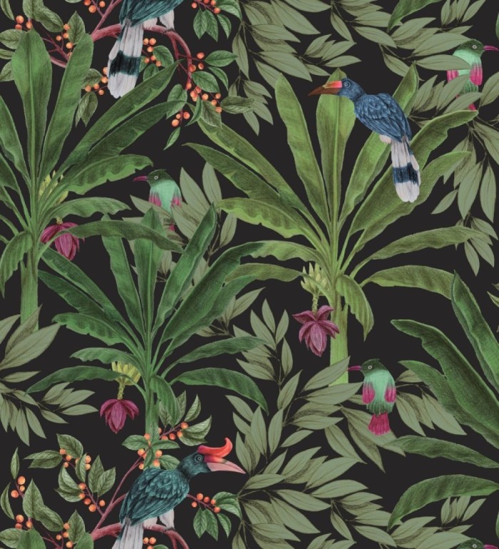 Papel pintado de aves exóticas y hojas de palma estilo tropical - Suky Tropical 681793