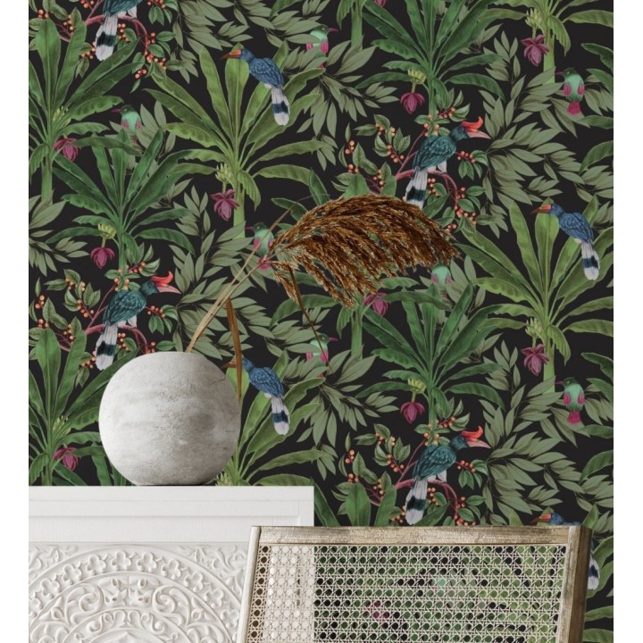 Papel pintado de aves exóticas y hojas de palma estilo tropical - Suky Tropical 681793