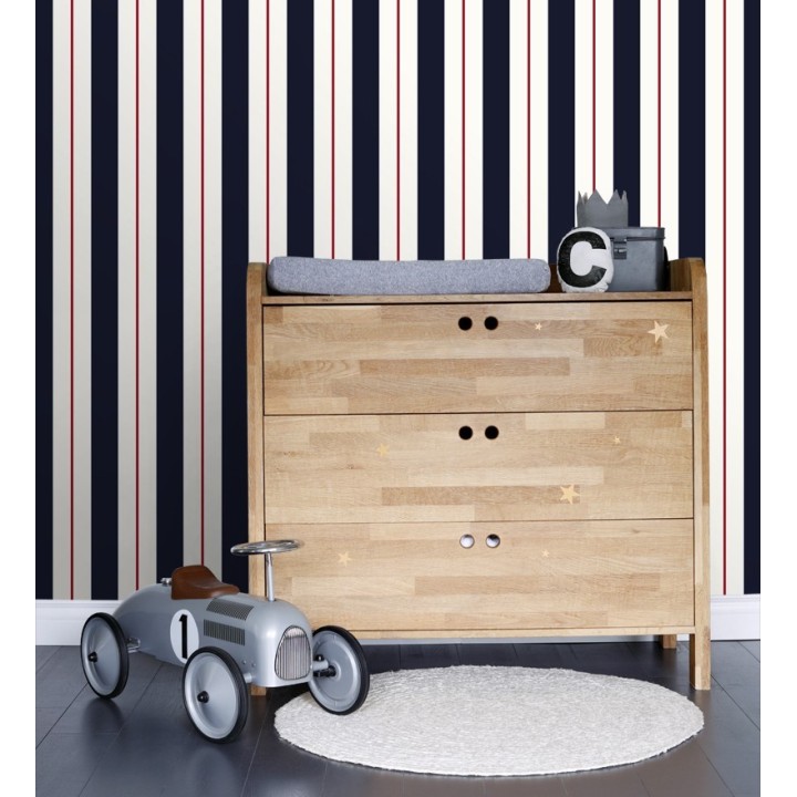 Papel pintado de rayas juveniles azul y rojo - Branly Stripes 681794