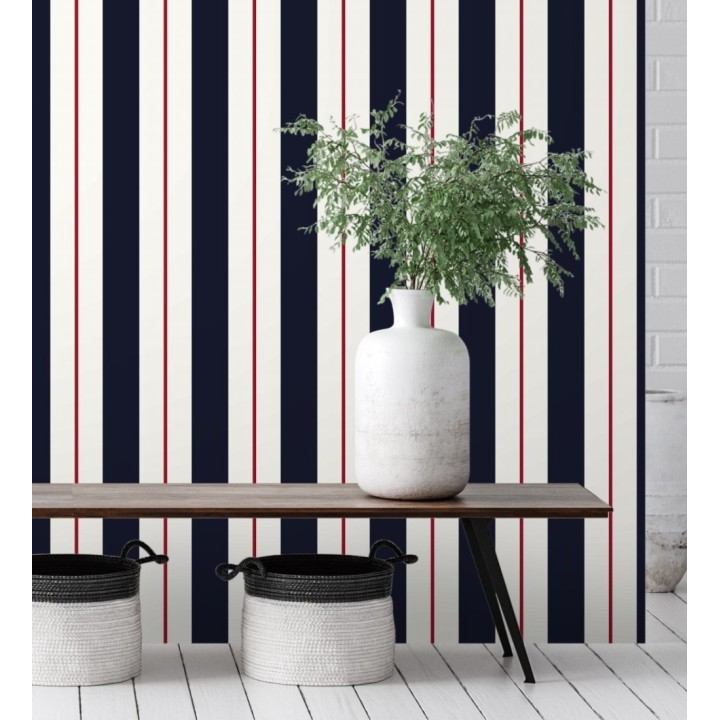 Papel pintado de rayas juveniles azul y rojo - Branly Stripes 681794