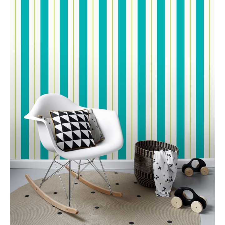 Papel pintado de rayas juveniles turquesa y verde - Branly Stripes 681795