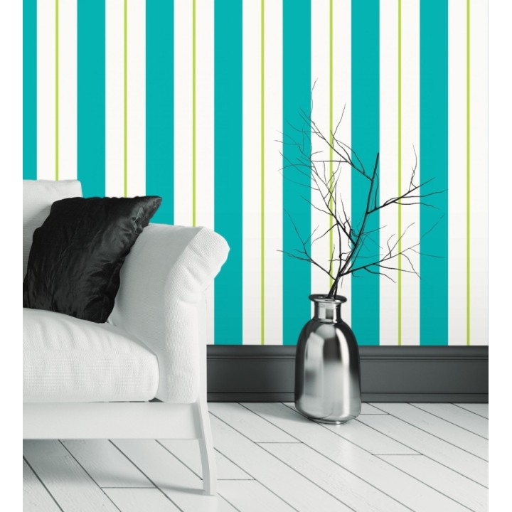 Papel pintado de rayas juveniles turquesa y verde - Branly Stripes 681795