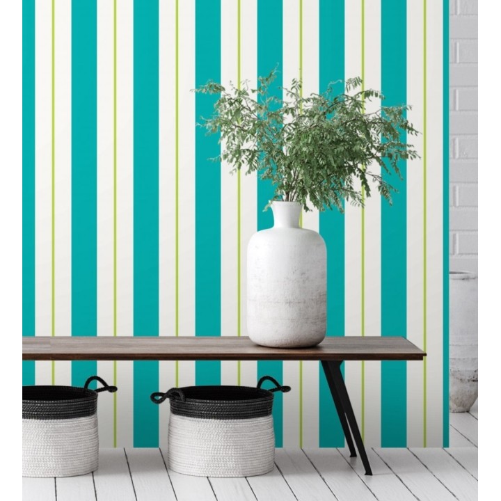 Papel pintado de rayas juveniles turquesa y verde - Branly Stripes 681795