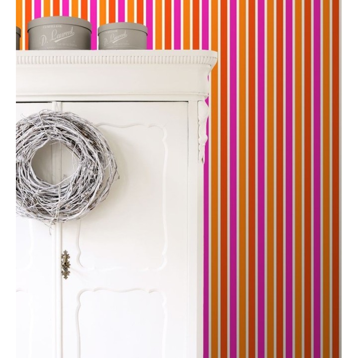 Papel pintado multirayas para niños en tonos naranja y fucsia - Pini Stripes 681798