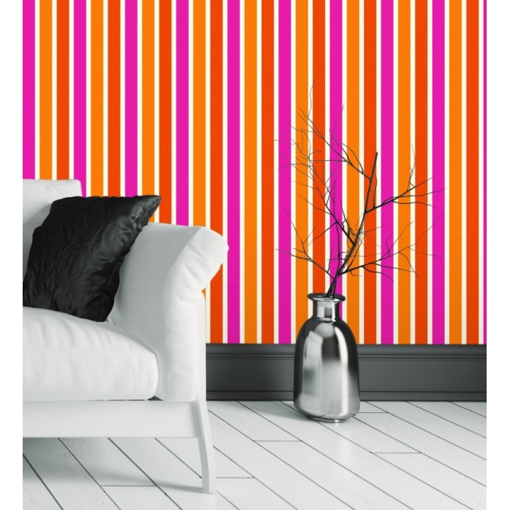 Papel pintado multirayas para niños en tonos naranja y fucsia - Pini Stripes 681798