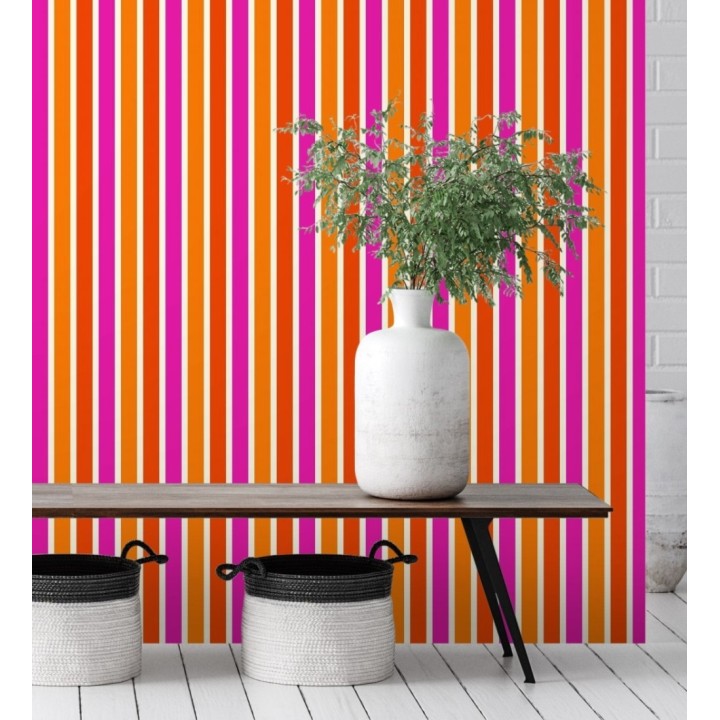 Papel pintado multirayas para niños en tonos naranja y fucsia - Pini Stripes 681798