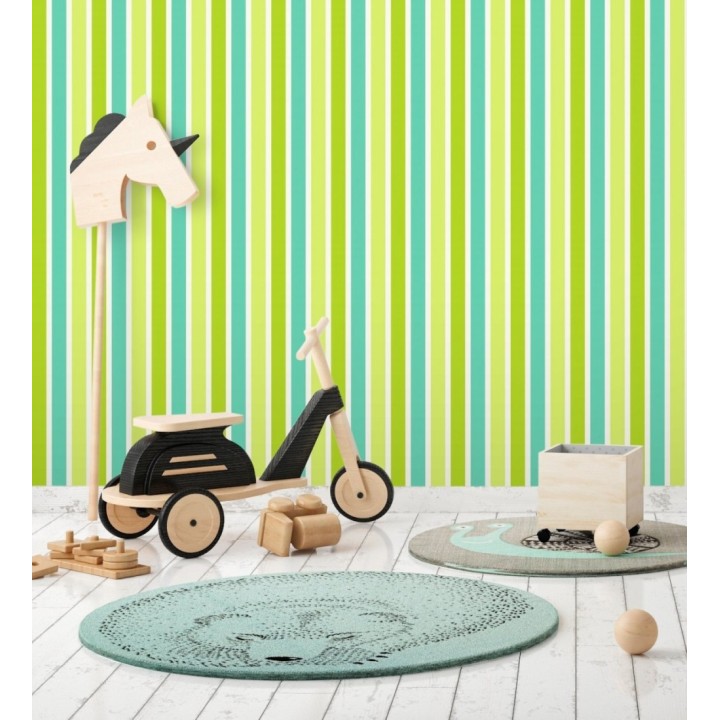 Papel pintado multirayas para niños en tonos turquesa y verde - Pini Stripes 681799