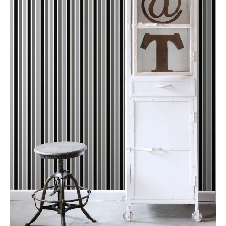Papel pintado multirayas para niños en tonos grises y negro - Pini Stripes 681800