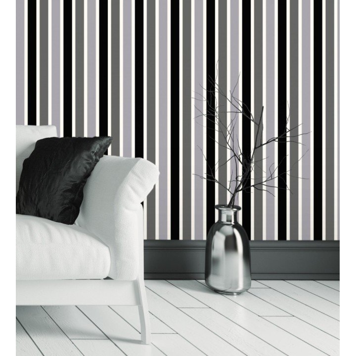 Papel pintado multirayas para niños en tonos grises y negro - Pini Stripes 681800