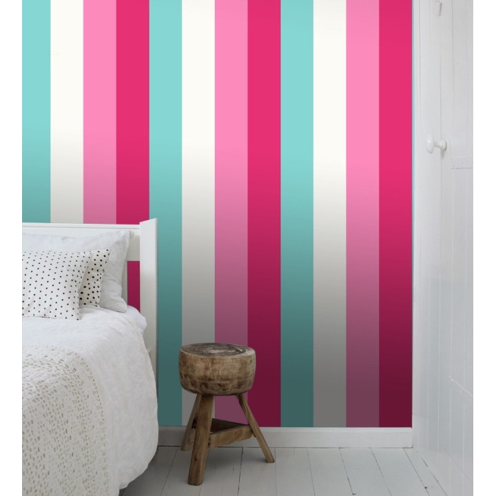 Papel pintado de rayas color blanco rosa fucsia y celeste - Hugo Stripes 681801