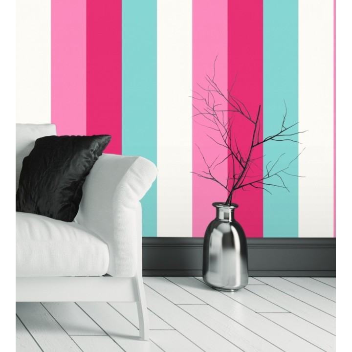 Papel pintado de rayas color blanco rosa fucsia y celeste - Hugo Stripes 681801