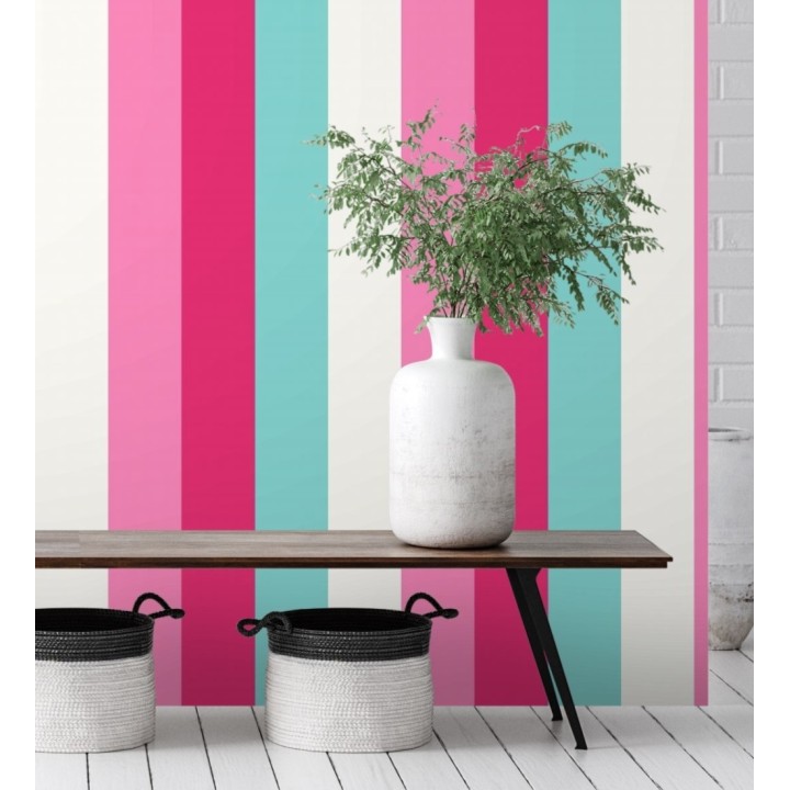 Papel pintado de rayas color blanco rosa fucsia y celeste - Hugo Stripes 681801