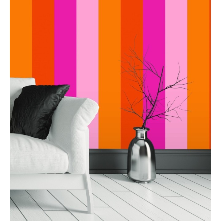 Papel pintado de rayas color naranja rojo rosa y rosa claro - Hugo Stripes 681803
