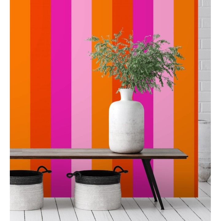 Papel pintado de rayas color naranja rojo rosa y rosa claro - Hugo Stripes 681803