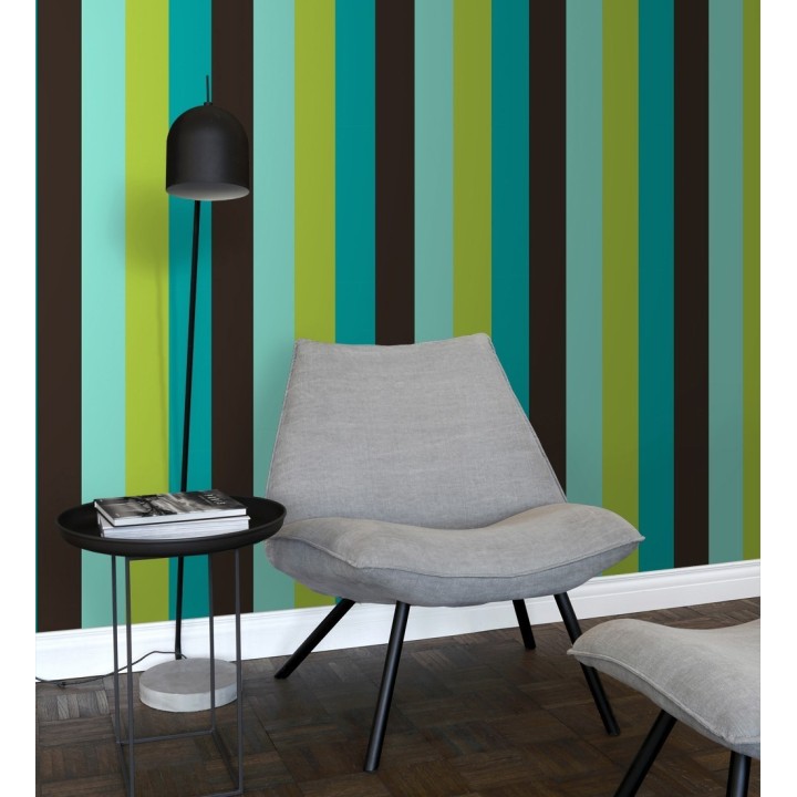 Papel pintado de rayas color celeste verde turquesa y negro - Hugo Stripes 681804