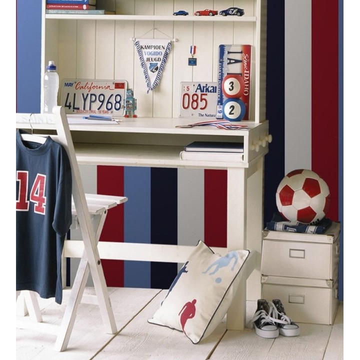 Papel pintado de rayas color blanco rojo azul y negro - Hugo Stripes 681806