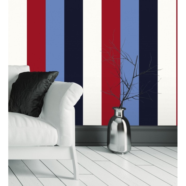 Papel pintado de rayas color blanco rojo azul y negro - Hugo Stripes 681806