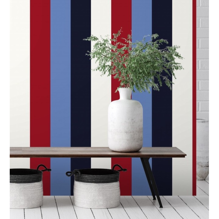 Papel pintado de rayas color blanco rojo azul y negro - Hugo Stripes 681806