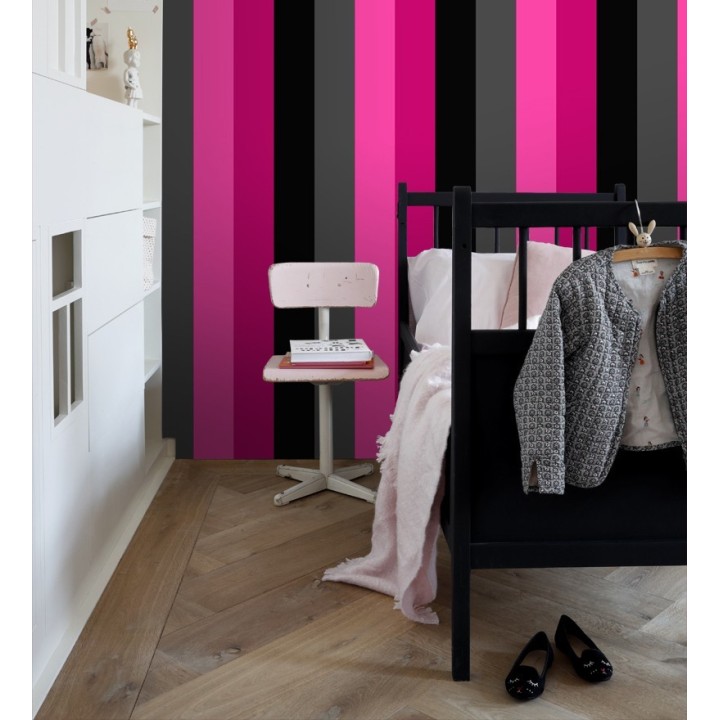 Papel pintado de rayas color rosa fucsia negro y gris - Hugo Stripes 681807