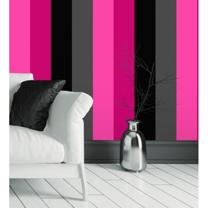Papel pintado de rayas color rosa fucsia negro y gris - Hugo Stripes 681807