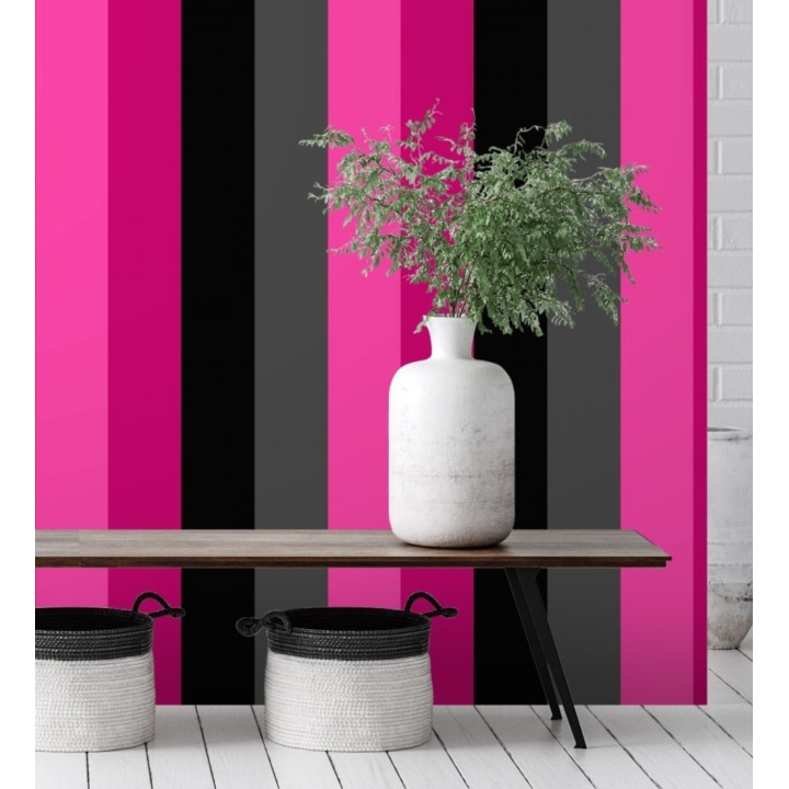 Papel pintado de rayas color rosa fucsia negro y gris - Hugo Stripes 681807