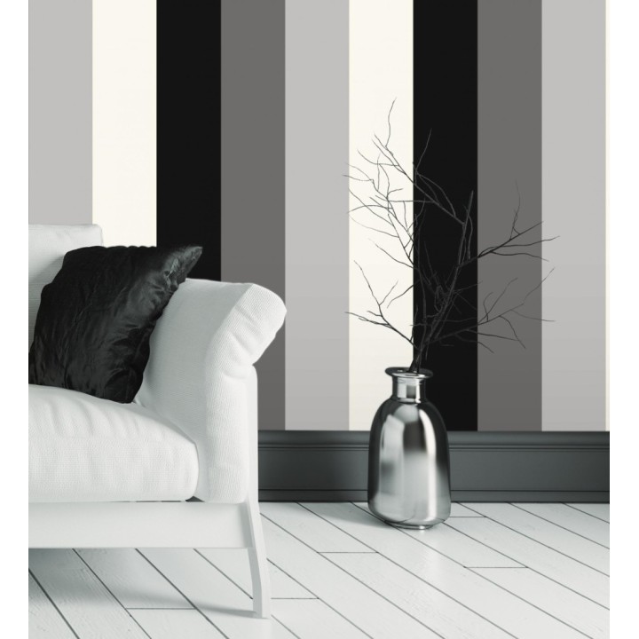 Papel pintado de rayas color gris claro blanco negro y gris oscuro - Hugo Stripes 681808