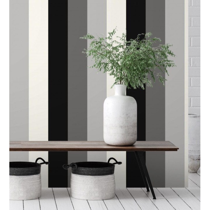 Papel pintado de rayas color gris claro blanco negro y gris oscuro - Hugo Stripes 681808