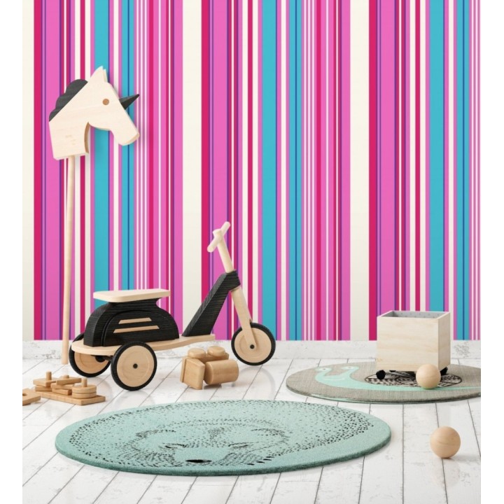 Papel pintado multirayas irregulares en tonos rosa y azul - Sully Stripes 681809