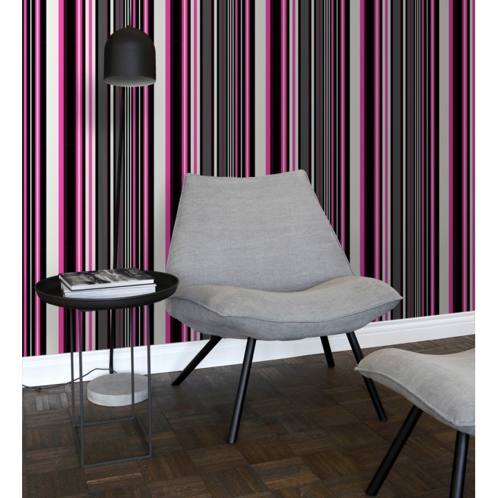 Papel pintado multirayas irregulares en tonos rosa y negro - Sully Stripes 681810
