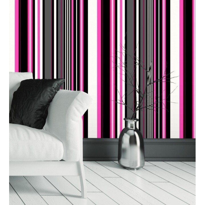 Papel pintado multirayas irregulares en tonos rosa y negro - Sully Stripes 681810