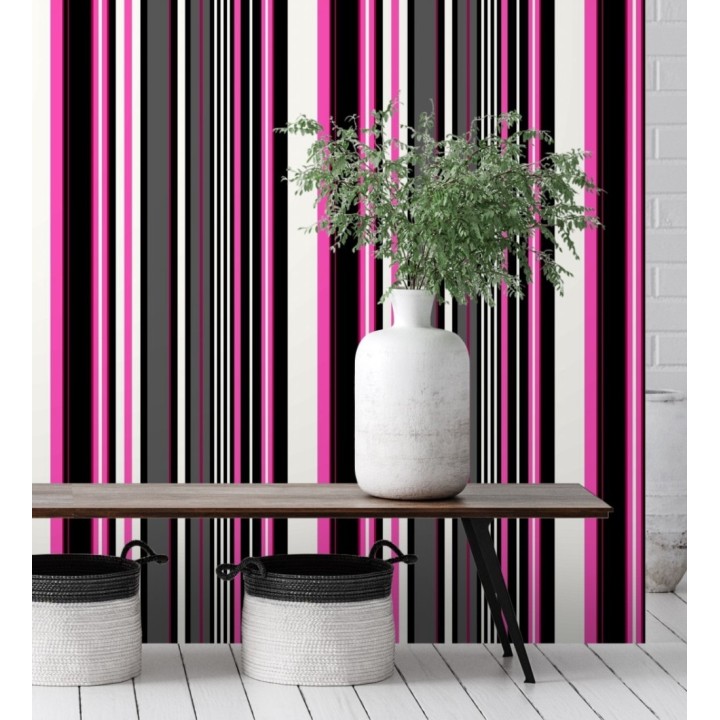 Papel pintado multirayas irregulares en tonos rosa y negro - Sully Stripes 681810